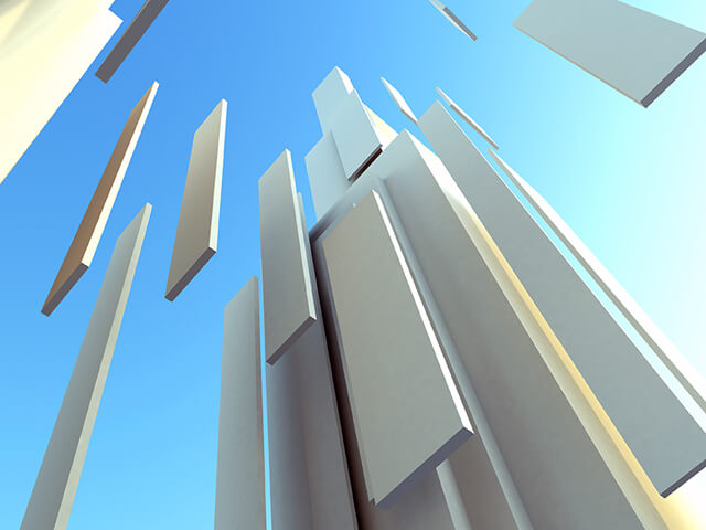 Silver slabs reassembling on a blue background as a visual comparison to application transformation and rearchitecture