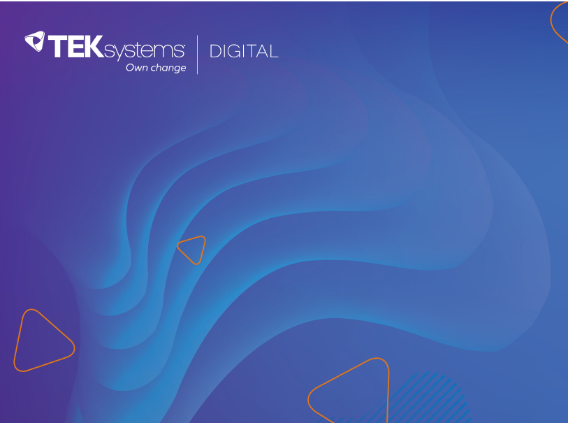 TEKsystems Digital logo over a blue background with organge TEKsystems triangles