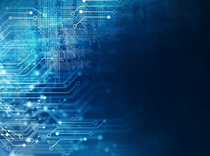 Dark navy background with digital circuits