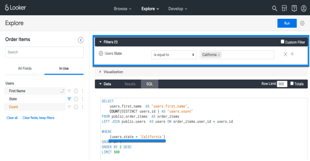 LookML filter added to 'Explore' field