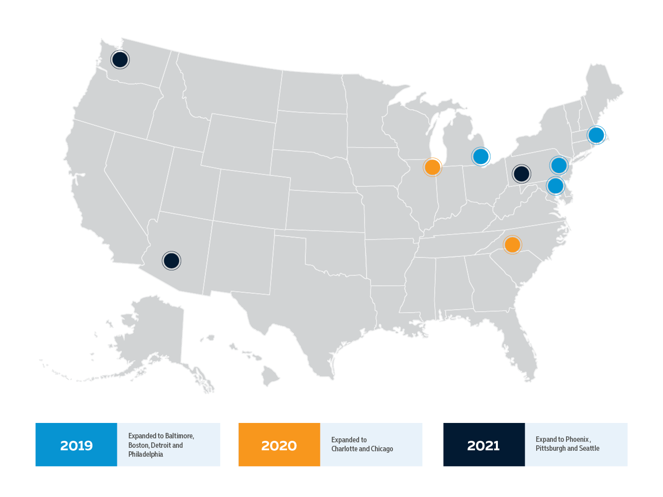 U.S. Map highlighting TEKsystems Per Scholas Program in Baltimore, Boston, Detroit, Philadelphia, Charlotte, Chicago, Phoenix, Pittsburgh, and Seattle.