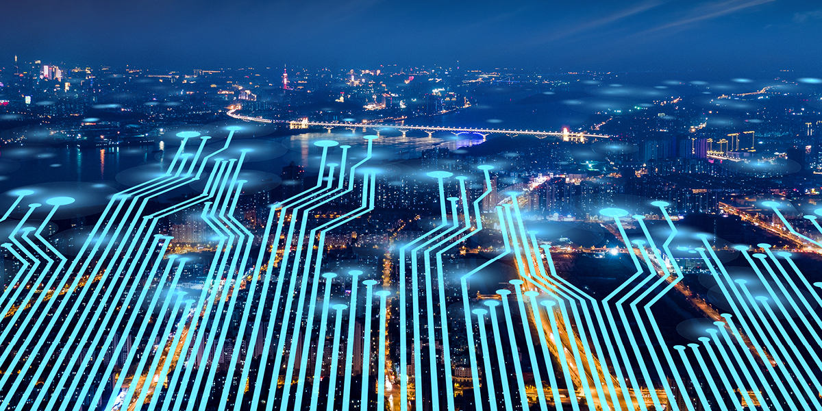 a city landscape with green lines