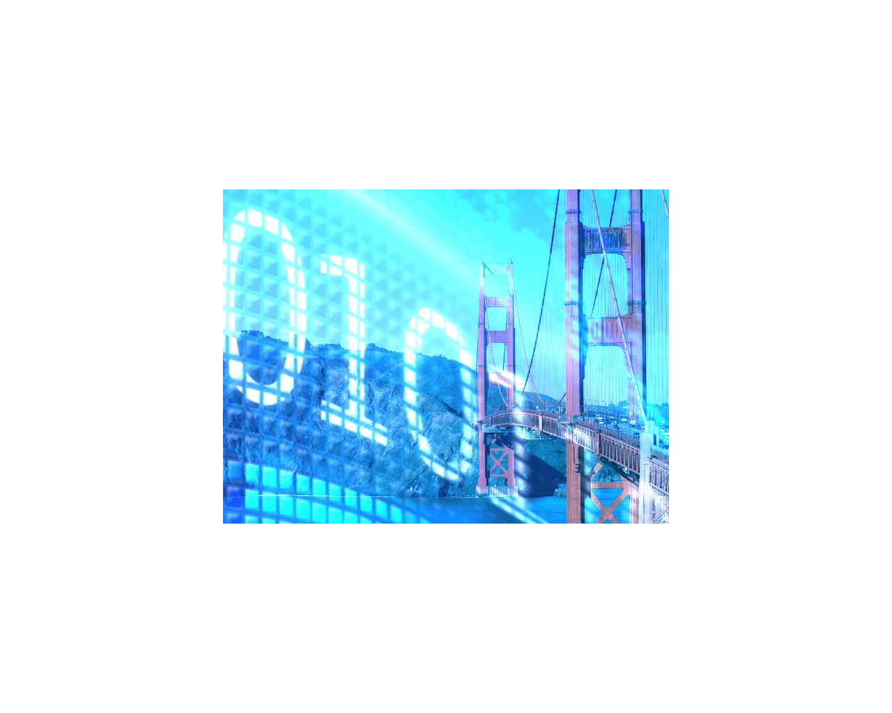 The Golden Gate Bridge with a digital code overlay