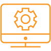 orange technology operations icon depicted as a gear on a desktop comptuer