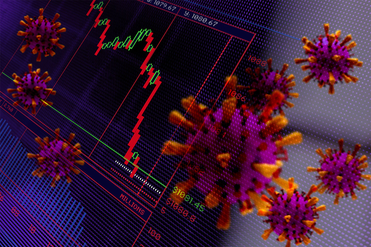 a line graph of statistics and abstract representations of virus cells