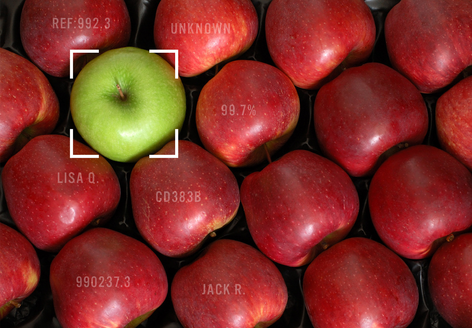 A single green apple targeted on a tray of red apples, with different stats overlaid around the targeting frame to highlight personalized content and brand experience