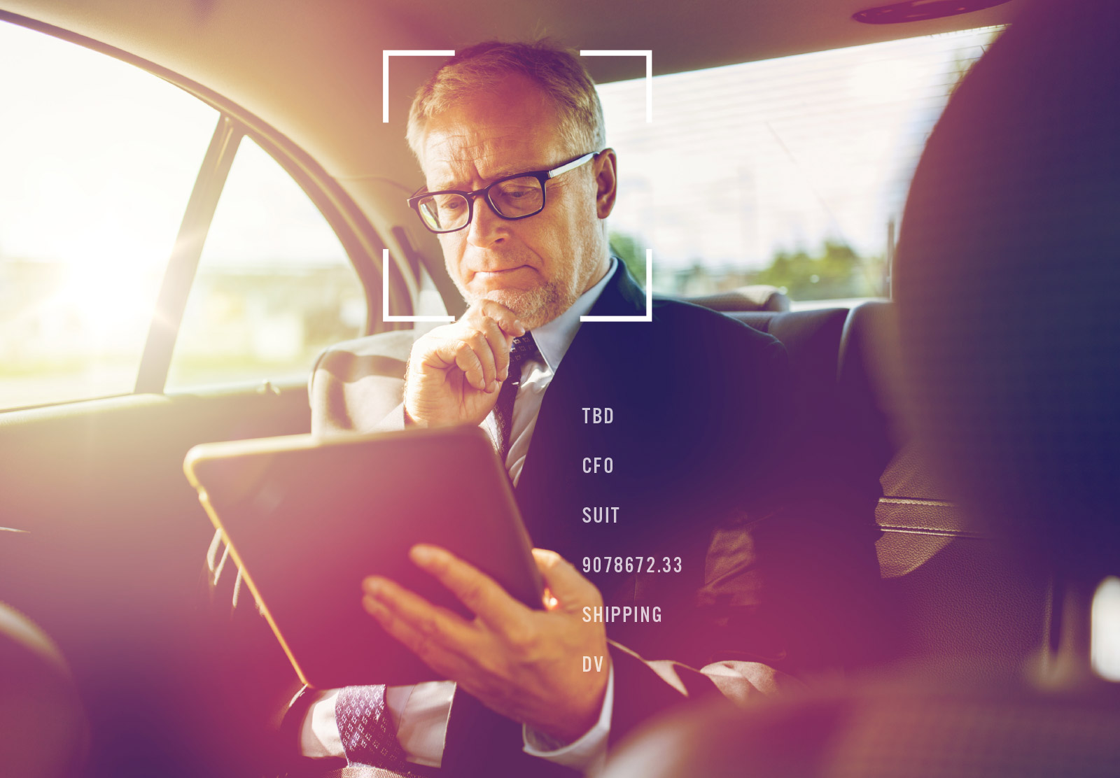 A CFO with a targeting frame around his head reading from a tablet; different stats overlaid around the frame highlight personalized content and brand experience