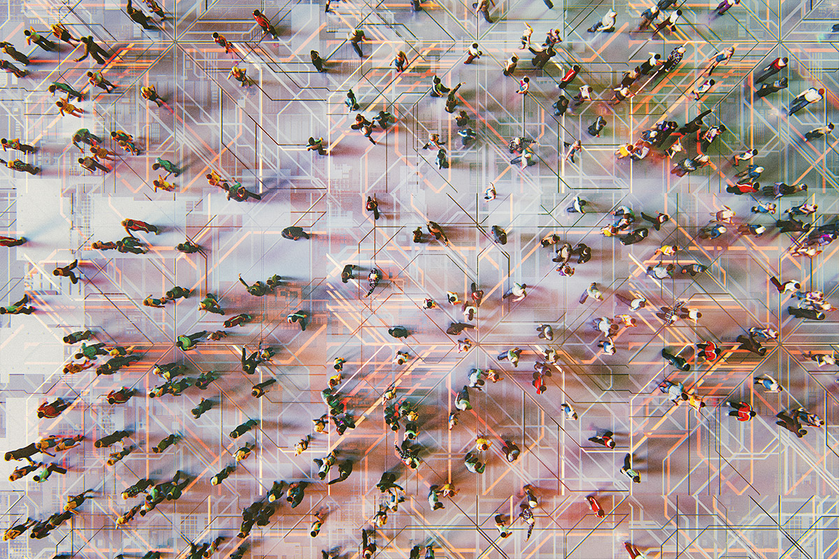 birds eye view of crowd from above connected by abstract geometric shapes