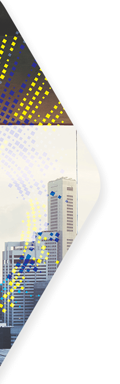 A burst of colored dots representing AI and machine learning data overlaid on a cityscape