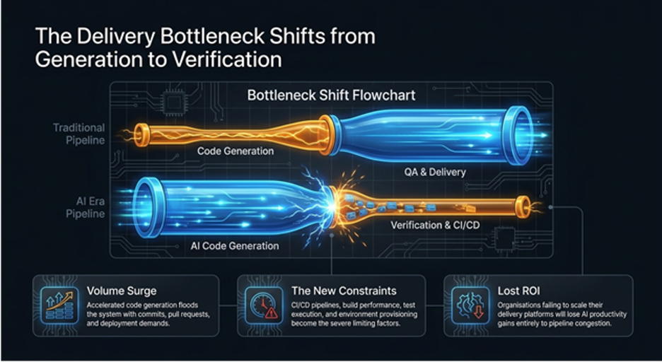 Diagram showing software delivery bottlenecks shifting from code generation to testing and verification.