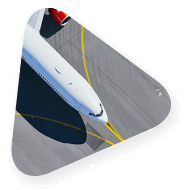 Looking down on an airplane on a runway