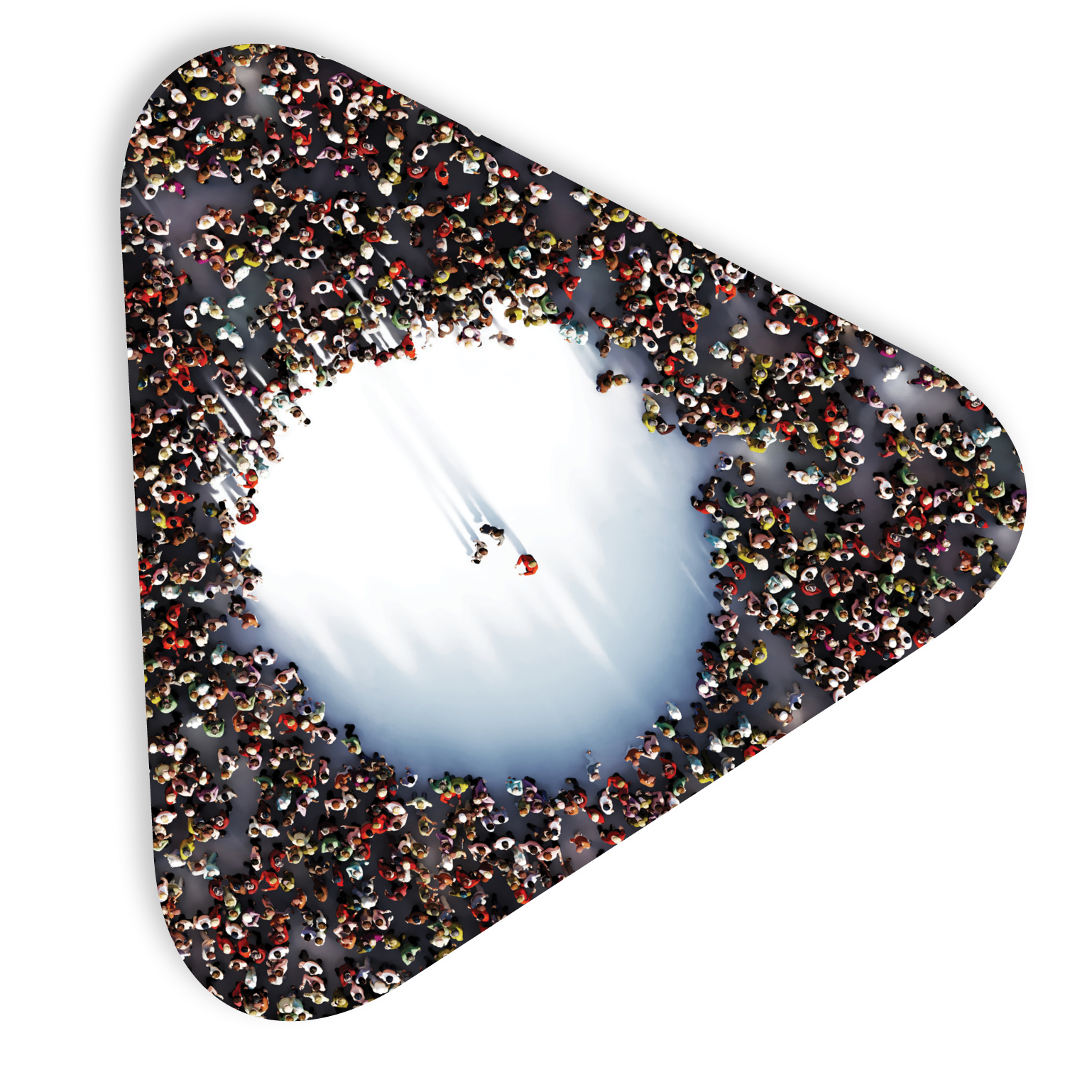 Large group of people seen from above, gathered in the shape of a circle, standing on a white background small number of indivduals stand out from the crowd in the center of the circle.