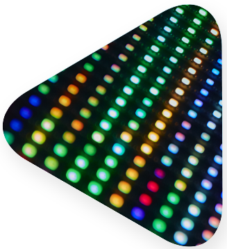 Triangle shaped image with streamlined rows of multicolored digital dots