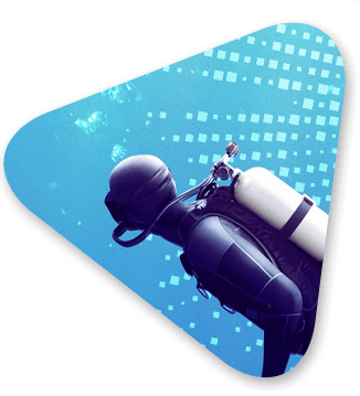 A diver in scuba gear swimming through data collected with AI and machine learning
