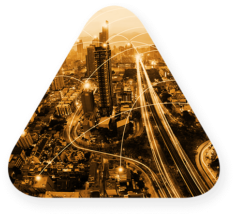 large triangle shows birds eye view of a city with speed of light traffic