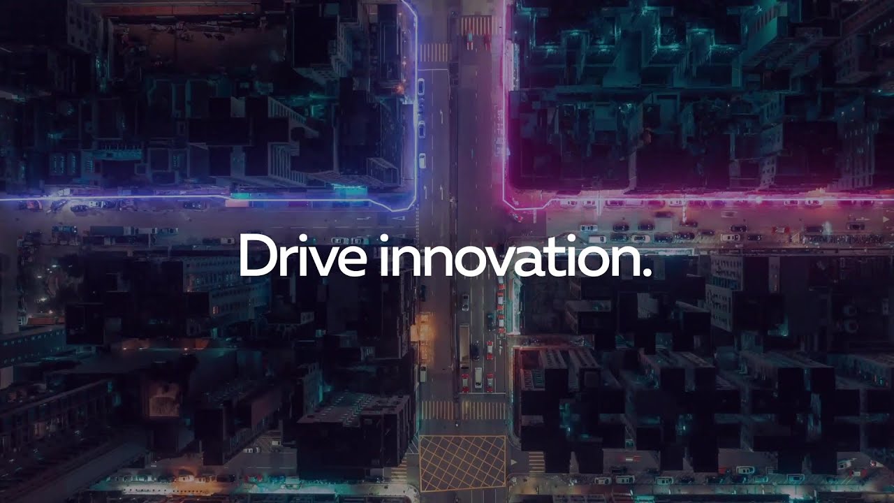 evening overhead shot of a city street with the words "drive innovation" printed overtop in white.