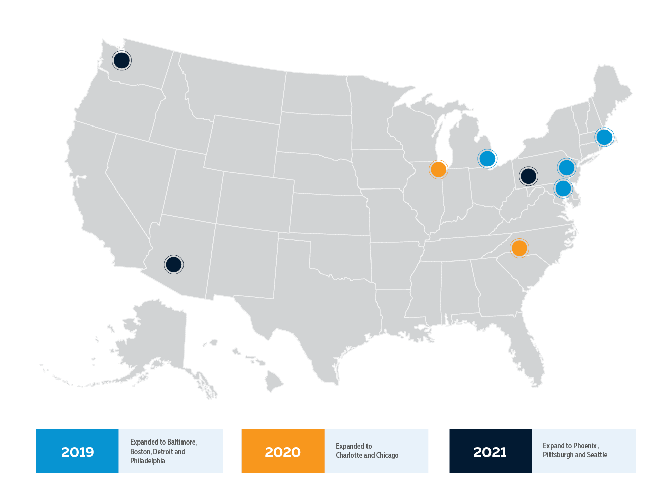 U.S. Map highlighting TEKsystems Per Scholas Program in Baltimore, Boston, Detroit, Philadelphia, Charlotte, Chicago, Phoenix, Pittsburgh, and Seattle.