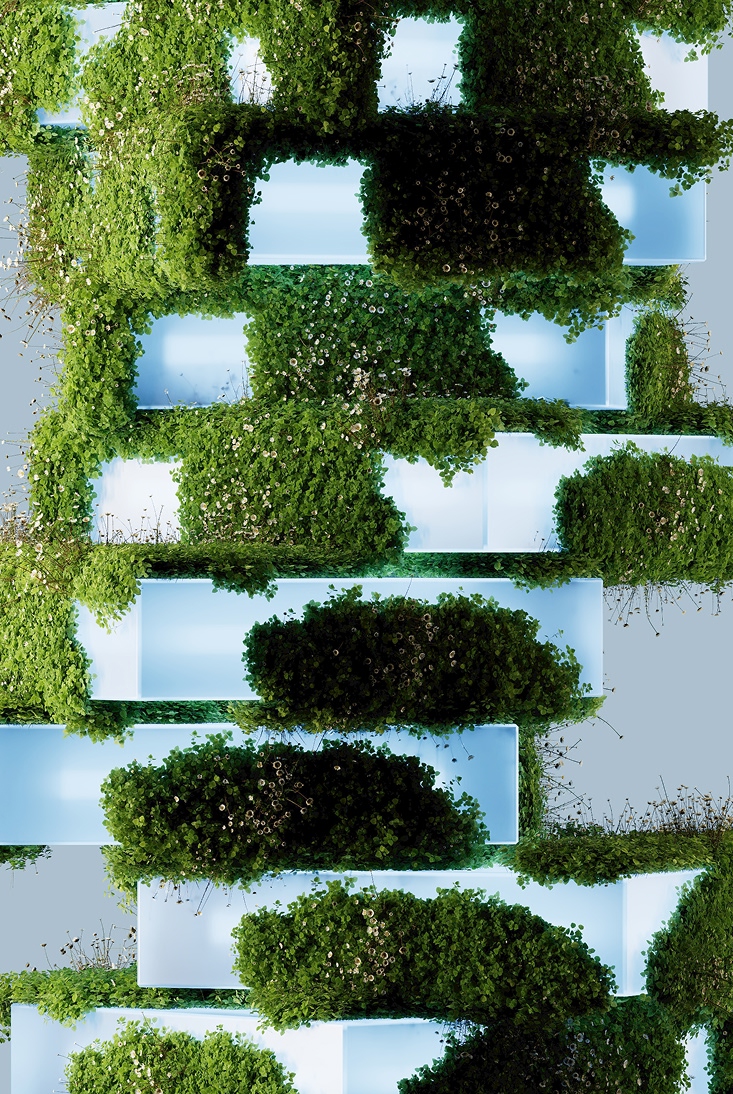 Vertical garden with lush green plants and flowers integrated into modern architectural structures, illustrating a harmonious urban ecosystem.