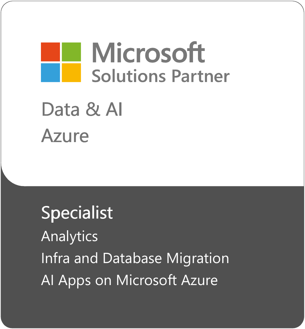 Microsoft Solutions Partner Badge – Data and Ai Azure Specialist – Analytics, Infra and Database Migration, Ai Apps on Microsoft Azure