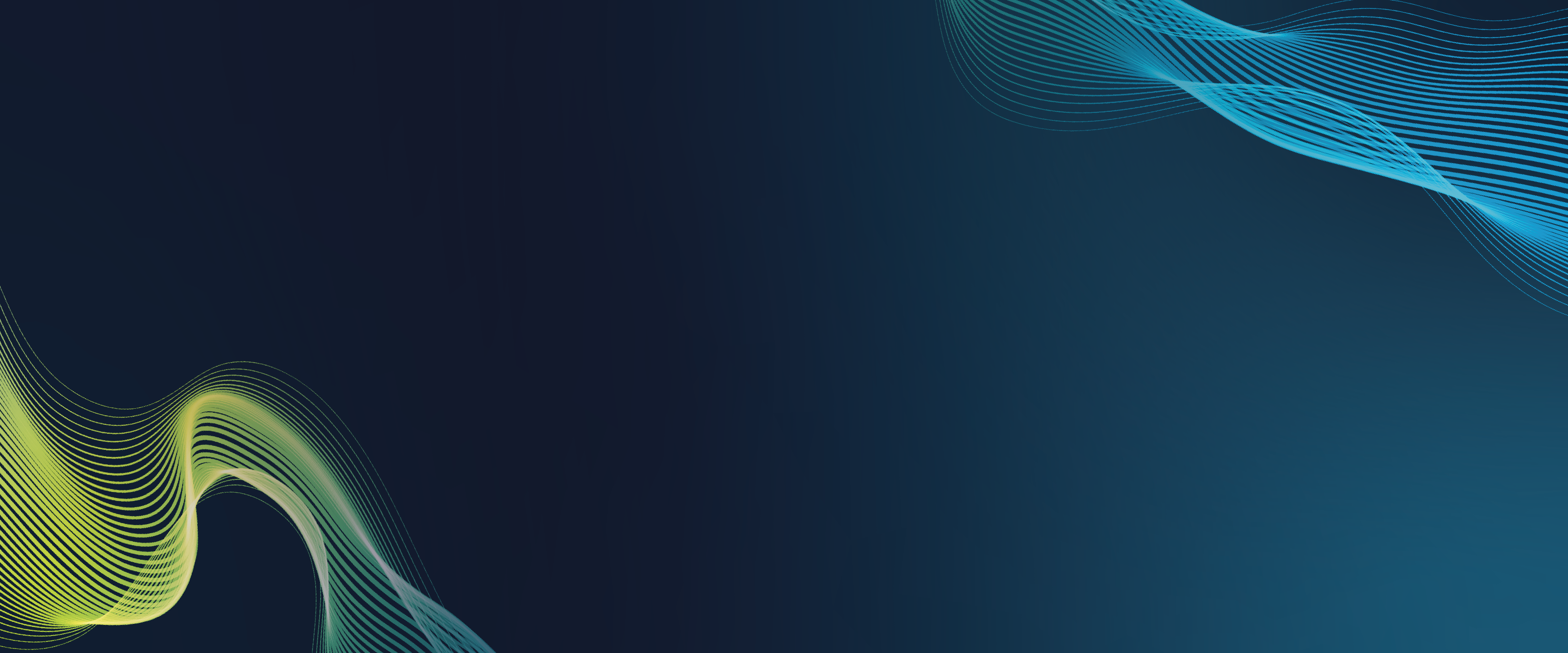 Abstract image with wavy green, yellow, and blue lines on a dark background.