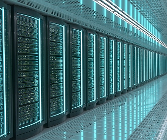 Blue-lit data center with rows of server racks and grid-patterned floor.