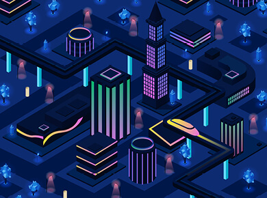 Overhead view of futuristic 5G neon city