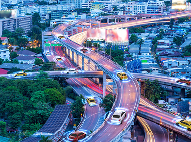 Smart city with overhead highway view