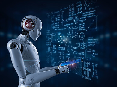 human-shaped robot holds tablet