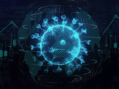 A blue holographic virus on a dark background containing business stats
