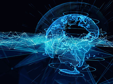 Network of blue and white lines and dots representing IoT devices and edge computing extend across a blue holographic globe