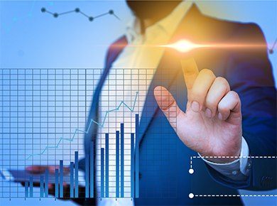 A person in a suit touches a panel overlay containing charts used to lead a virtual team
