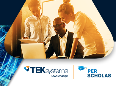 Talent services agents review item on laptop, Teksystems and Per Scholas logo included in photo