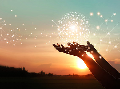 Hands holding global network