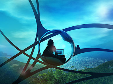 Picture of someone working looking over a beautiful view