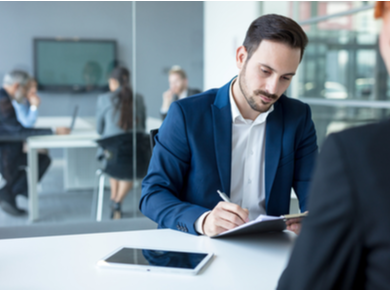 man interviewing in an office