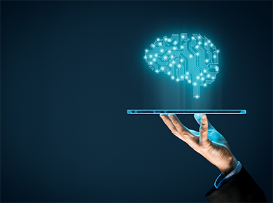 A hand holding a holographic display with a projected digital brain above it to highlight upskilling in the new world of work