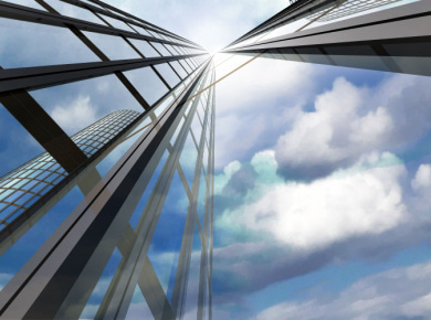 skyscraper reflecting clouds