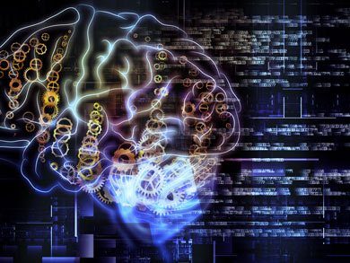 neon brain with gears and fissures