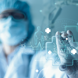 Healthcare worker interacting with a digital medical interface displaying health data icons.