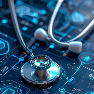 Stethoscope resting on a digital healthcare dashboard, symbolizing connected health technology and data-driven care.