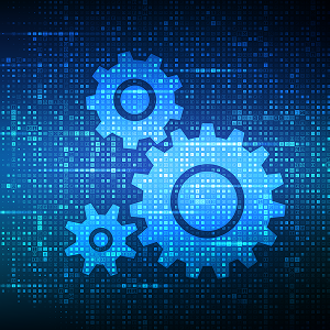 Blue digital illustration of three gears over a pixelated background.