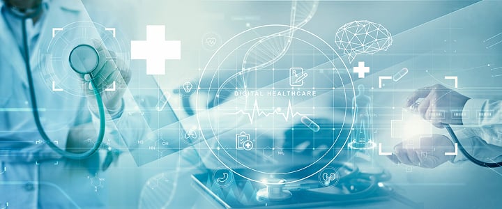 Healthcare professionals using technology with digital healthcare icons and medical symbols overlayed.