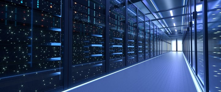 Data center hallway with blue-lit server racks.