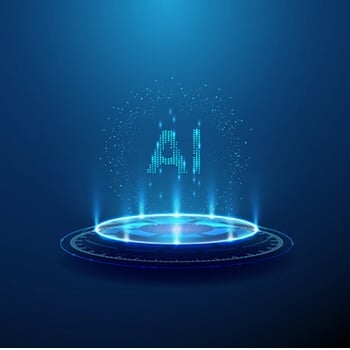 Glowing digital “AI” text hovering above a futuristic circular platform on a blue background.