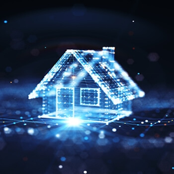 Futuristic blue house made of glowing lines and dots, representing smart home or digital technology.