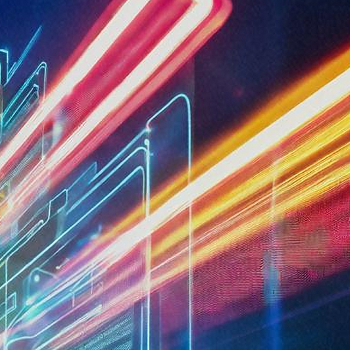 Abstract image featuring colorful neon light trails and geometric shapes against a dark background