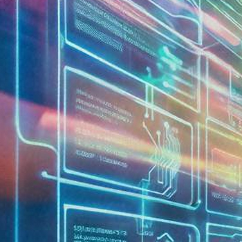 A futuristic digital interface with glowing blue and green lines displaying various data panels and circuit-like patterns.