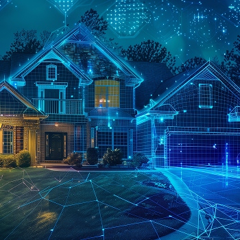 Realistic house with digital overlay of grid lines and glowing nodes.