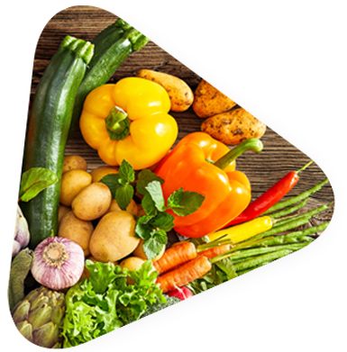 Sideways triangle with a pile of vegetables