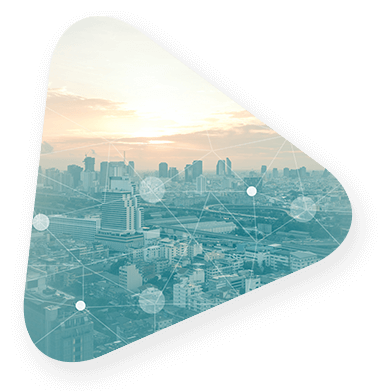 Cityscape connected by data points inside a triangle shape